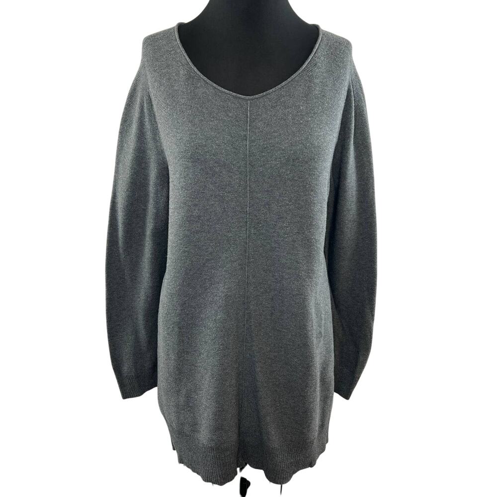 Eileen Fisher Gray Long Sleeve Rounded V-Neck Pullover Loose Fit Sweater L Large